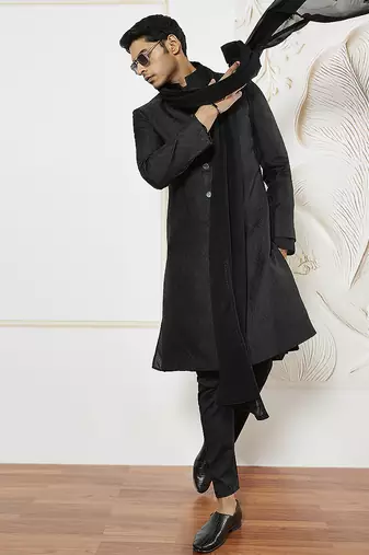black kalka jacquard sherwani set with kurta, pyjama & embroidered georgette dupatta | wedding festive wear