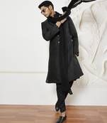 black kalka jacquard sherwani set with kurta, pyjama & embroidered georgette dupatta | wedding festive wear