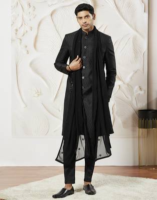 black kalka jacquard sherwani set with kurta, pyjama & embroidered georgette dupatta | wedding festive wear 2