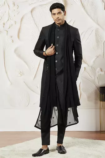 black kalka jacquard sherwani set with kurta, pyjama & embroidered georgette dupatta | wedding festive wear