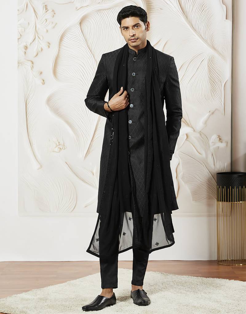 black kalka jacquard sherwani set with kurta, pyjama & embroidered georgette dupatta | wedding festive wear