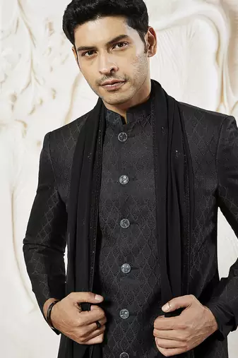 black kalka jacquard sherwani set with kurta, pyjama & embroidered georgette dupatta | wedding festive wear