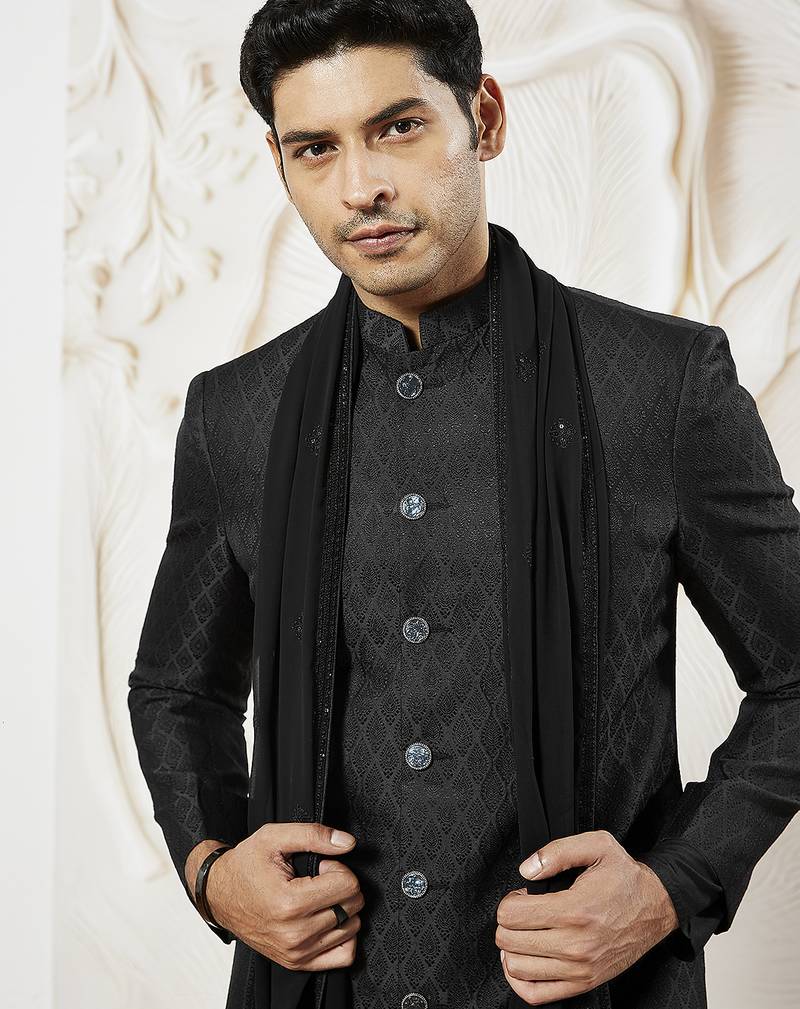 black kalka jacquard sherwani set with kurta, pyjama & embroidered georgette dupatta | wedding festive wear