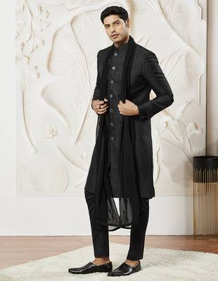 black kalka jacquard sherwani set with kurta, pyjama & embroidered georgette dupatta | wedding festive wear 4