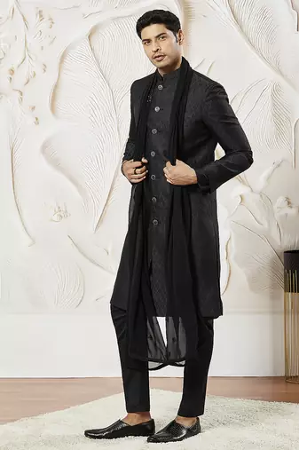 black kalka jacquard sherwani set with kurta, pyjama & embroidered georgette dupatta | wedding festive wear