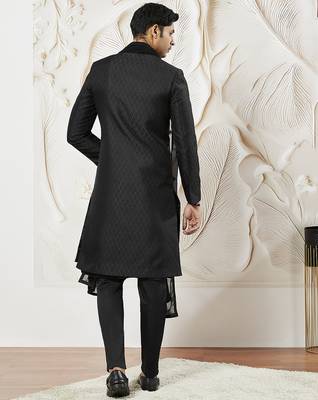 black kalka jacquard sherwani set with kurta, pyjama & embroidered georgette dupatta | wedding festive wear 5