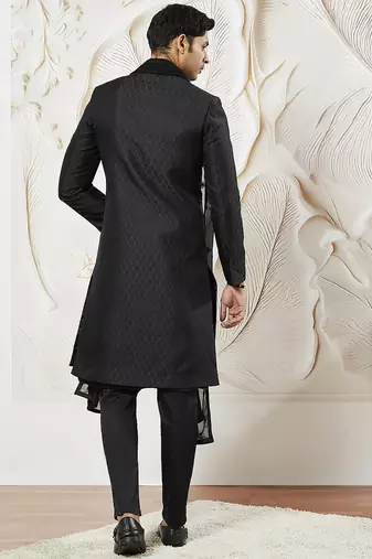 black kalka jacquard sherwani set with kurta, pyjama & embroidered georgette dupatta | wedding festive wear