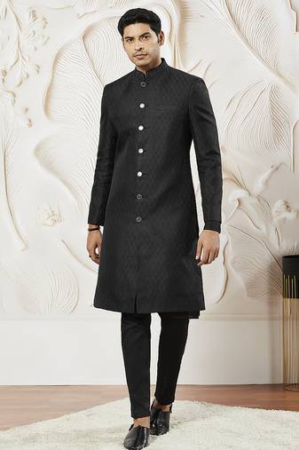 black kalka jacquard sherwani set with silk blend kurta & viscose pyjama | wedding festive wear