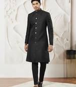 black kalka jacquard sherwani set with silk blend kurta & viscose pyjama | wedding festive wear