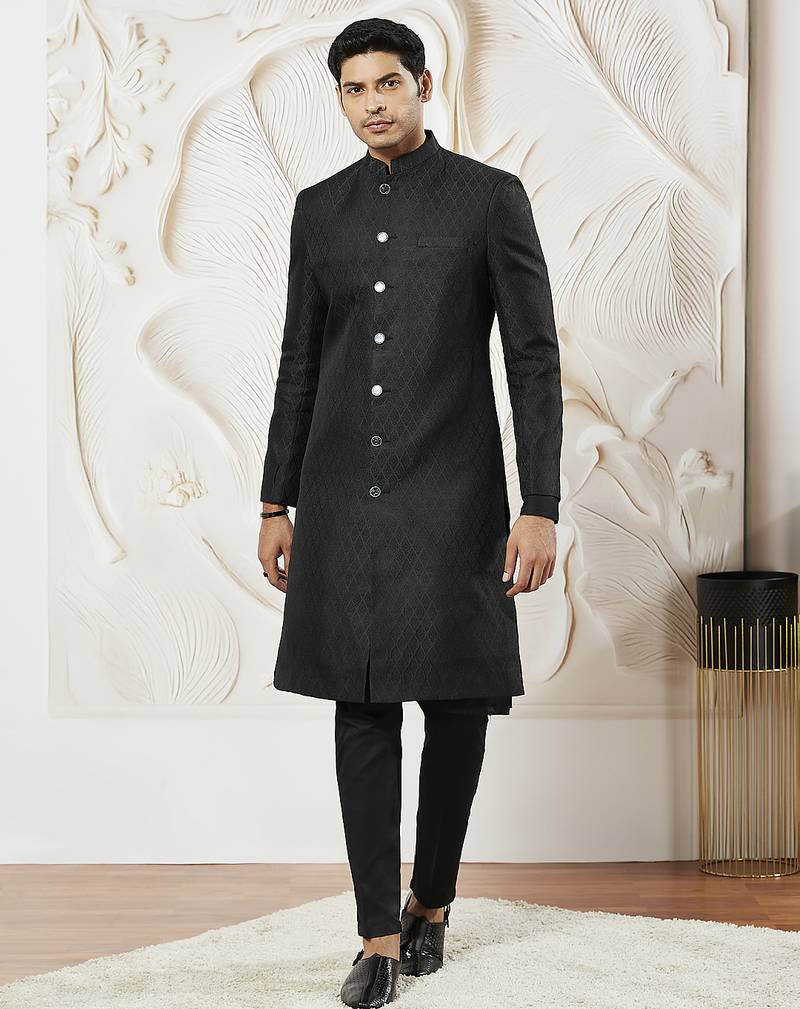 black kalka jacquard sherwani set with silk blend kurta & viscose pyjama | wedding festive wear