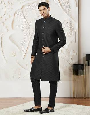 black kalka jacquard sherwani set with silk blend kurta & viscose pyjama | wedding festive wear 2