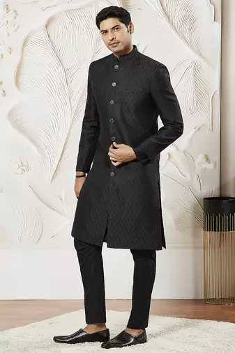 black kalka jacquard sherwani set with silk blend kurta & viscose pyjama | wedding festive wear