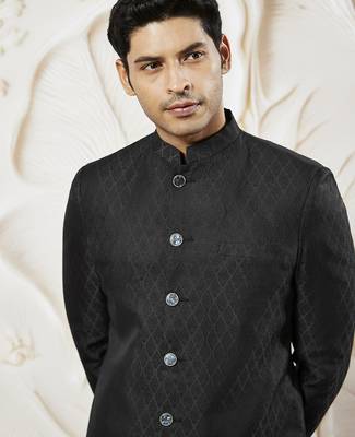 black kalka jacquard sherwani set with silk blend kurta & viscose pyjama | wedding festive wear 3