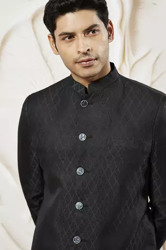 black kalka jacquard sherwani set with silk blend kurta & viscose pyjama | wedding festive wear