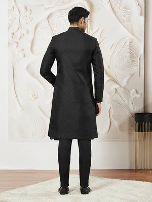 black kalka jacquard sherwani set with silk blend kurta & viscose pyjama | wedding festive wear 4