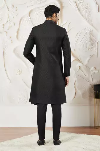 black kalka jacquard sherwani set with silk blend kurta & viscose pyjama | wedding festive wear