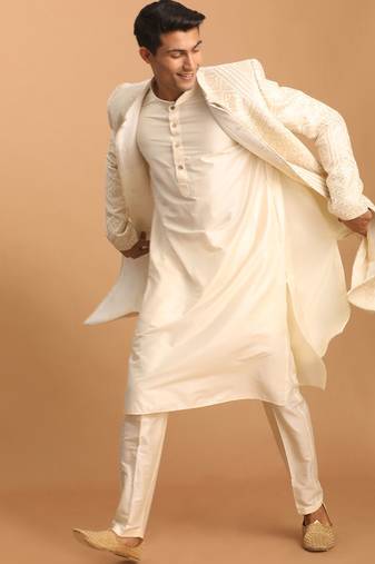cream lucknowi chikankari embroidered sherwani with kurta pyjama 3-piece wedding set