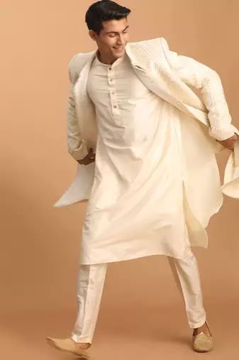 cream lucknowi chikankari embroidered sherwani with kurta pyjama 3-piece wedding set