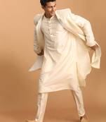 cream lucknowi chikankari embroidered sherwani with kurta pyjama 3-piece wedding set