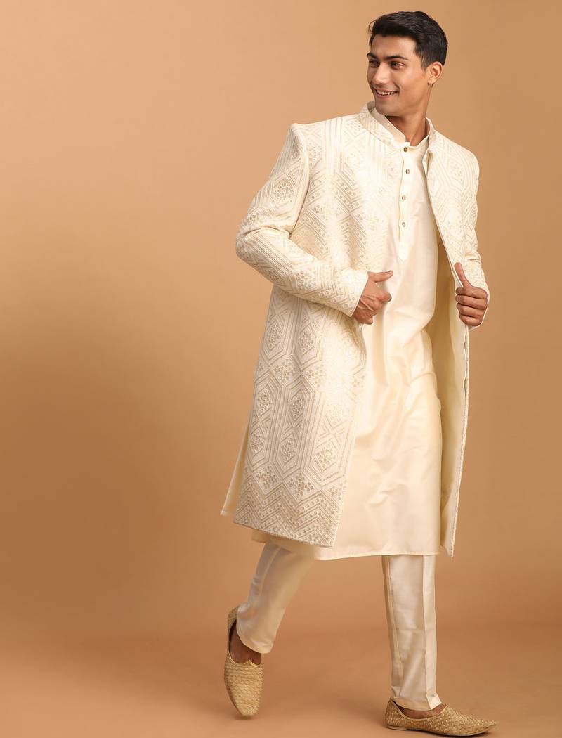 cream lucknowi chikankari embroidered sherwani with kurta pyjama 3-piece wedding set