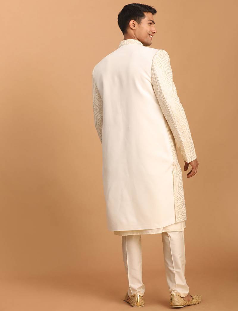 cream lucknowi chikankari embroidered sherwani with kurta pyjama 3-piece wedding set
