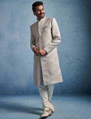 grey kenzo jacquard silk blend sherwani with cream fine satin pyjama | premium wedding set 1