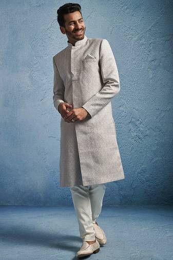 grey kenzo jacquard silk blend sherwani with cream fine satin pyjama | premium wedding set