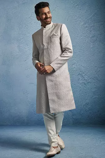 grey kenzo jacquard silk blend sherwani with cream fine satin pyjama | premium wedding set