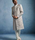 grey kenzo jacquard silk blend sherwani with cream fine satin pyjama | premium wedding set