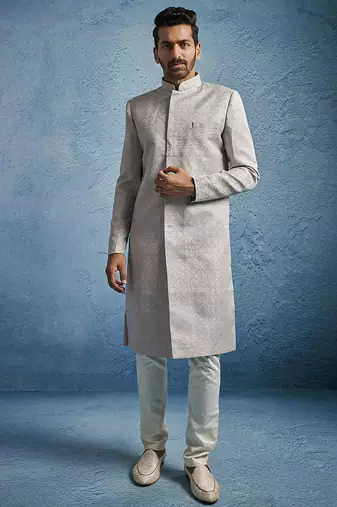 grey kenzo jacquard silk blend sherwani with cream fine satin pyjama | premium wedding set
