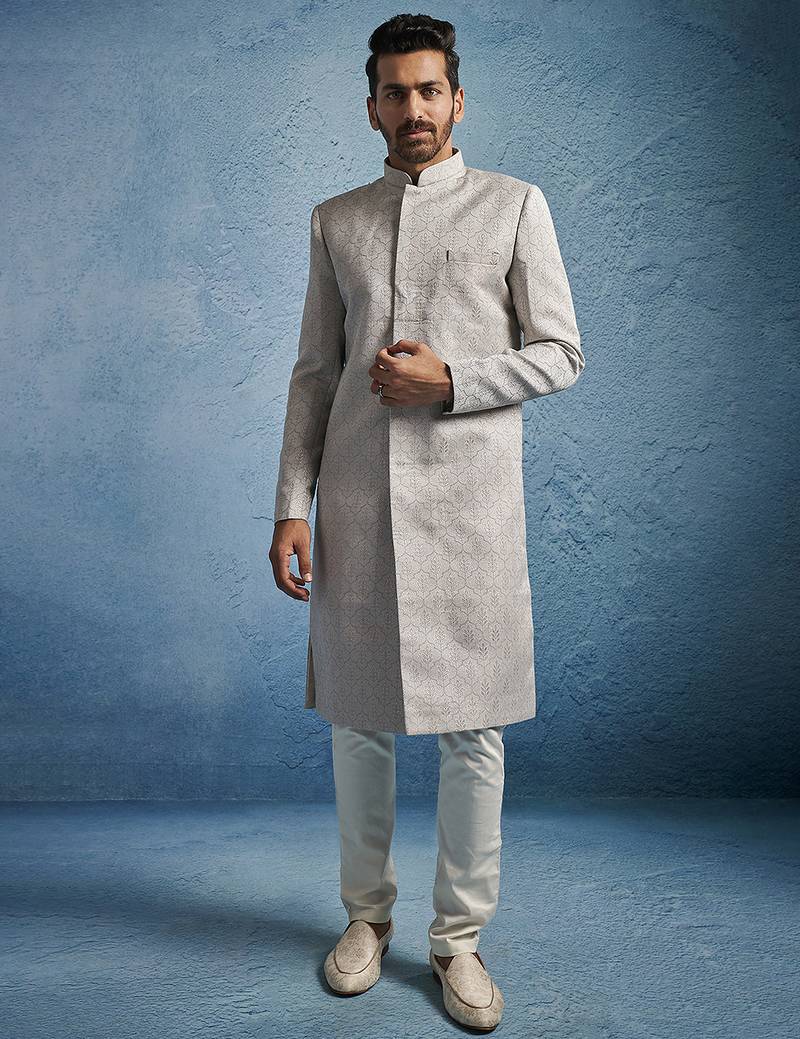 grey kenzo jacquard silk blend sherwani with cream fine satin pyjama | premium wedding set
