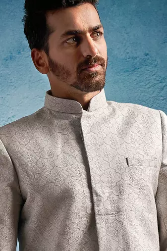 grey kenzo jacquard silk blend sherwani with cream fine satin pyjama | premium wedding set