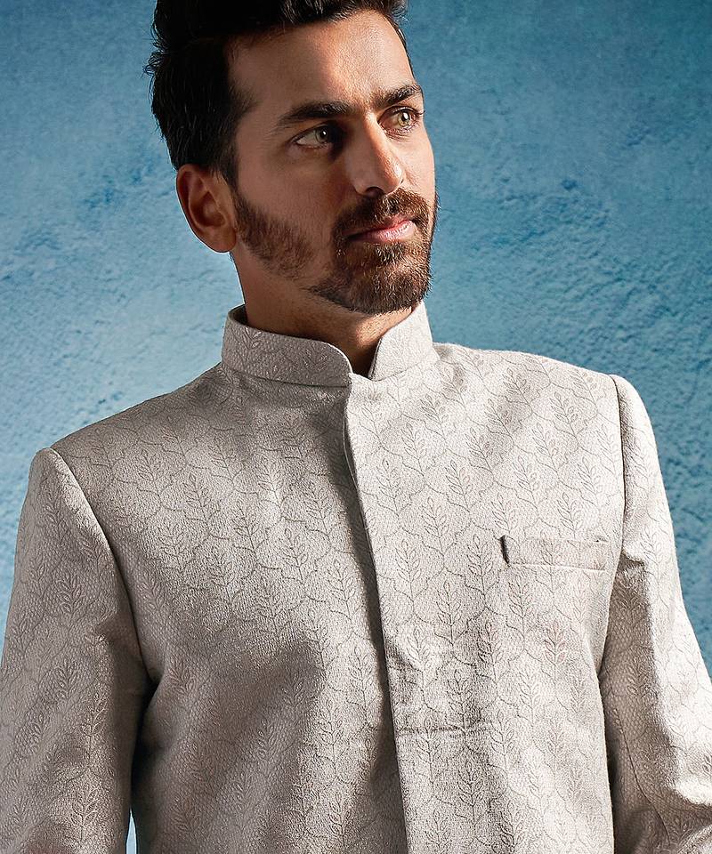 grey kenzo jacquard silk blend sherwani with cream fine satin pyjama | premium wedding set