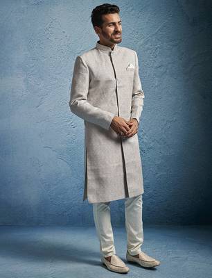 grey kenzo jacquard silk blend sherwani with cream fine satin pyjama | premium wedding set 4
