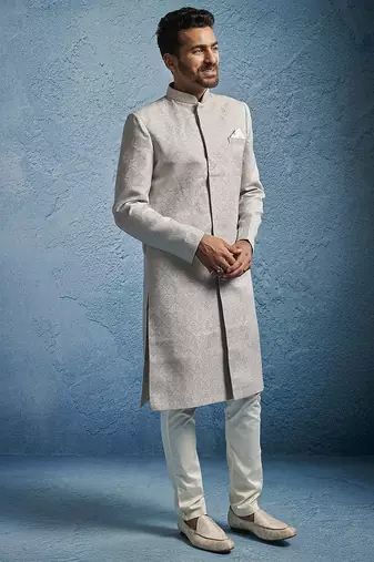 grey kenzo jacquard silk blend sherwani with cream fine satin pyjama | premium wedding set