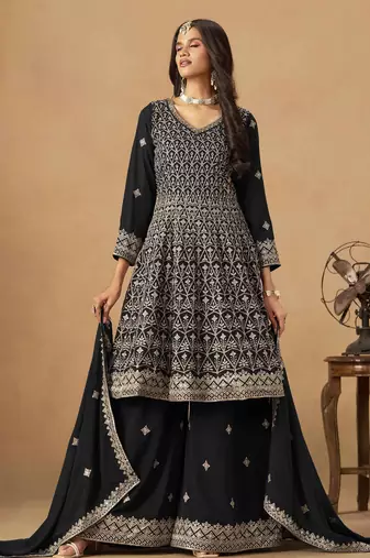 Black faux georgette heavy thread embroidery with sequins work palazzo suit