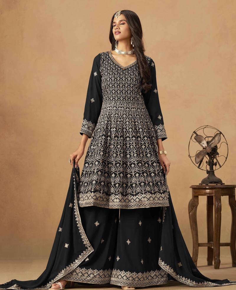 Black faux georgette heavy thread embroidery with sequins work palazzo suit