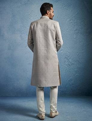 grey kenzo jacquard silk blend sherwani with cream fine satin pyjama | premium wedding set 5