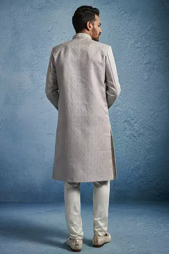 grey kenzo jacquard silk blend sherwani with cream fine satin pyjama | premium wedding set