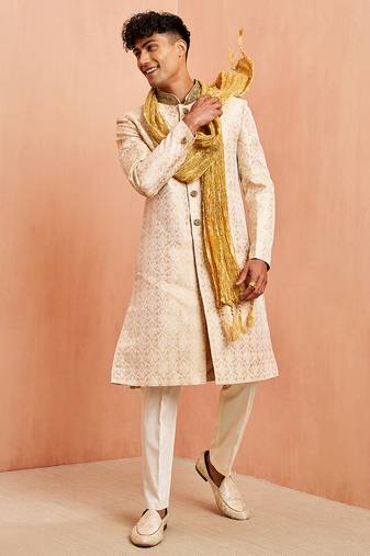 beige jacquard embroidered sherwani set with cream pyjama & gold dupatta | wedding festive wear