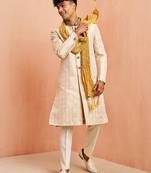 beige jacquard embroidered sherwani set with cream pyjama & gold dupatta | wedding festive wear