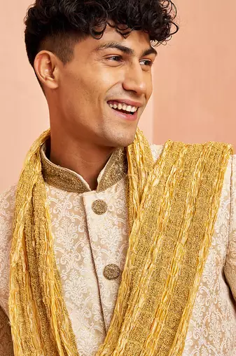 beige jacquard embroidered sherwani set with cream pyjama & gold dupatta | wedding festive wear
