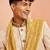 beige jacquard embroidered sherwani set with cream pyjama & gold dupatta | wedding festive wear