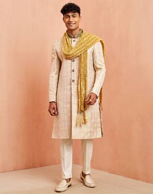 beige jacquard embroidered sherwani set with cream pyjama & gold dupatta | wedding festive wear 3