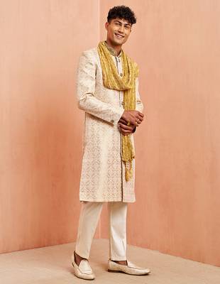 beige jacquard embroidered sherwani set with cream pyjama & gold dupatta | wedding festive wear 4