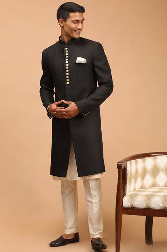 black platinum sherwani with cream kurta & pyjama 3-piece wedding set | formal ethnic