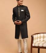 black platinum sherwani with cream kurta & pyjama 3-piece wedding set | formal ethnic