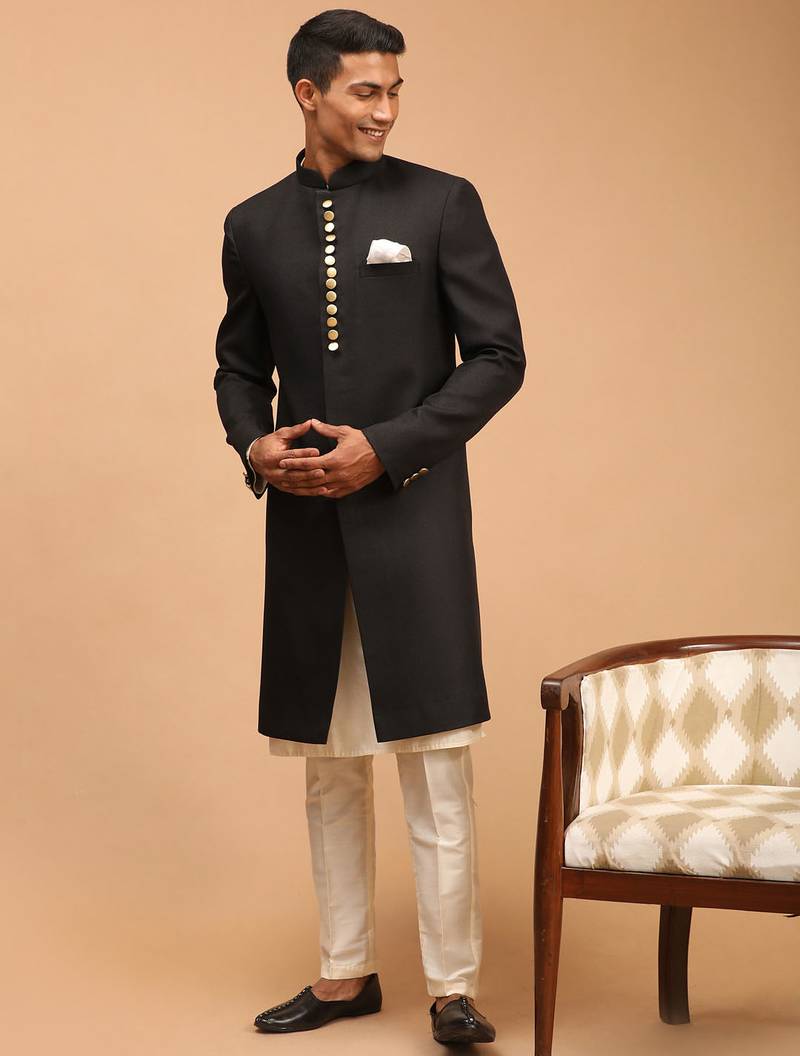 black platinum sherwani with cream kurta & pyjama 3-piece wedding set | formal ethnic