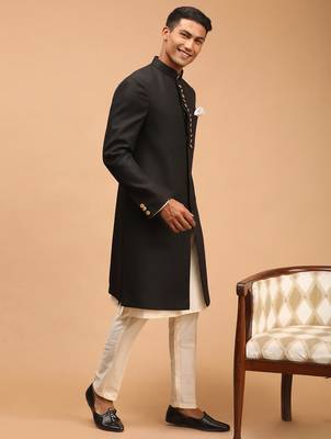 black platinum sherwani with cream kurta & pyjama 3-piece wedding set | formal ethnic 2