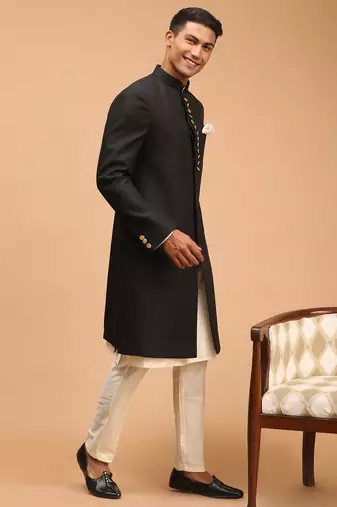 black platinum sherwani with cream kurta & pyjama 3-piece wedding set | formal ethnic